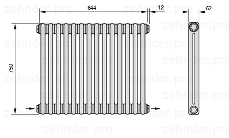 Схема (чертеж) Радиатор Zehnder Charleston 2075/14 №2670 Белый глянцевый RAL 9016